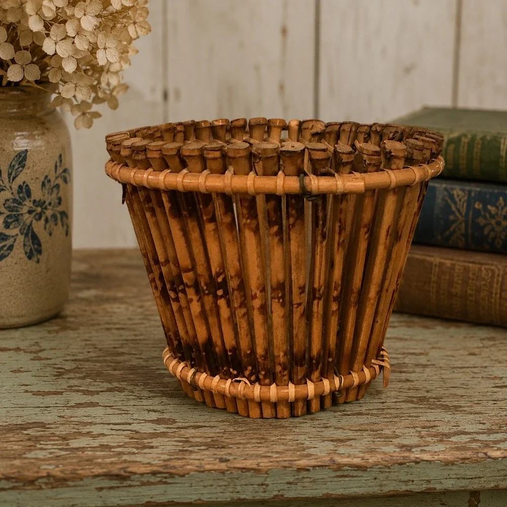 Vintage Bamboo Slat Basket Tapered Wicker Wood Base Boho Decor 5.25 x 4.5